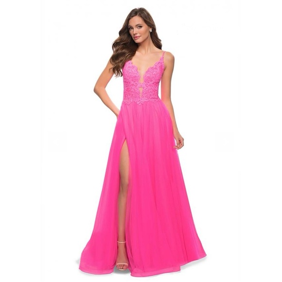 La Femme Neon Pink Tulle Side Slit Deep V Gown | 10 - Picture 1 of 11